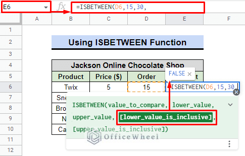 use of isbetween function in google sheets between two numbers